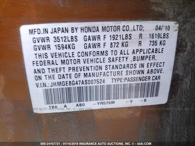 JHMGE8G47AS007524 - 2010 HONDA FIT SPORT ORANGE photo 9