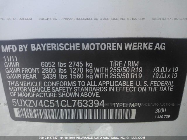 5UXZV4C51CL763394 - 2012 BMW X5 XDRIVE35I WHITE photo 9