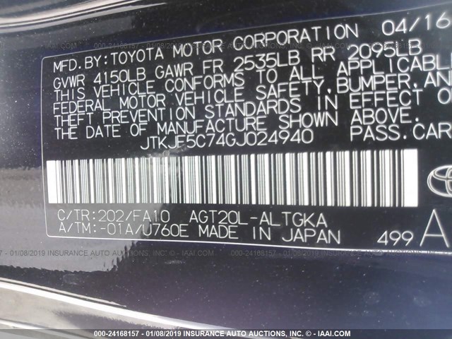 JTKJF5C74GJ024940 - 2016 TOYOTA SCION TC შავი ფოტო 9