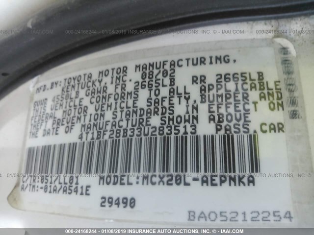 4T1BF28B33U283513 - 2003 TOYOTA AVALON XL/XLS WHITE photo 9