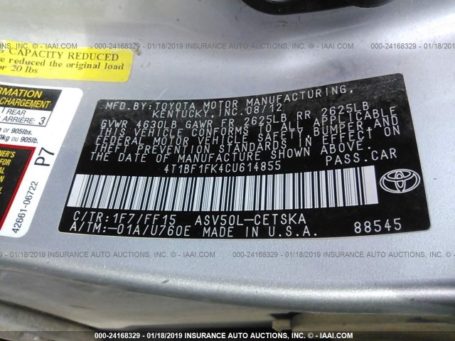 4T1BF1FK4CU614855 - 2012 TOYOTA CAMRY SE/LE/XLE 银色 照片 9