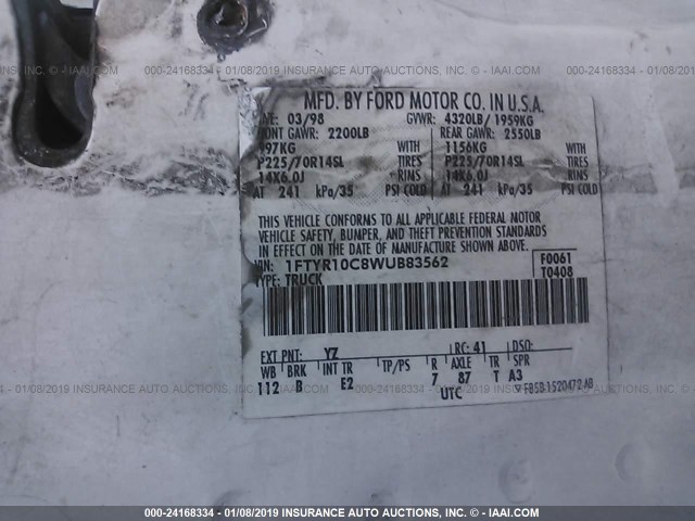 1FTYR10C8WUB83562 - 1998 FORD RANGER WHITE photo 9