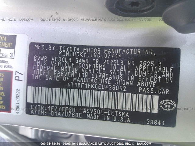 4T1BF1FK6EU436062 - 2014 TOYOTA CAMRY L/SE/LE/XLE 银色 照片 9