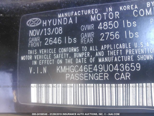 KMHGC46E49U043659 - 2009 HYUNDAI GENESIS 3.8L BLACK photo 9