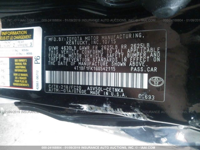 4T1BF1FK1GU542115 - 2016 TOYOTA CAMRY LE/XLE/SE/XSE BLACK photo 9