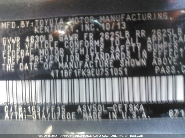 4T1BF1FK9EU751051 - 2014 TOYOTA CAMRY L/SE/LE/XLE 灰色 照片 9