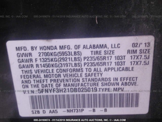 5FNYF3H21DB025019 - 2013 HONDA PILOT LX BLACK photo 9