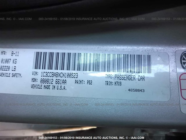 1C3CCBABXCN100523 - 2012 CHRYSLER 200 LX SILVER photo 9