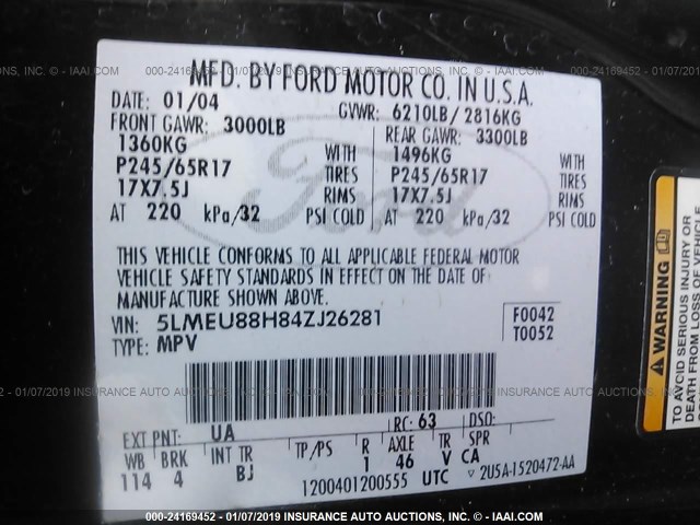 5LMEU88H84ZJ26281 - 2004 LINCOLN AVIATOR 黑色 照片 9