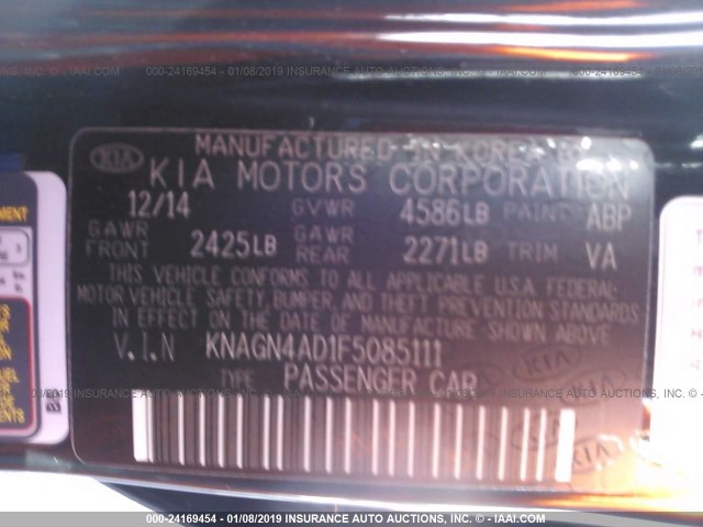 KNAGN4AD1F5085111 - 2015 KIA OPTIMA HYBRID BLACK photo 9