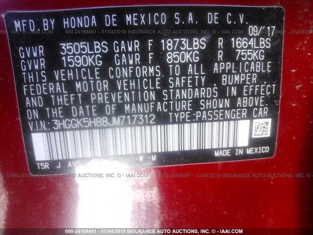 3HGGK5H88JM717312 - 2018 HONDA FIT EX/EXL RED photo 9