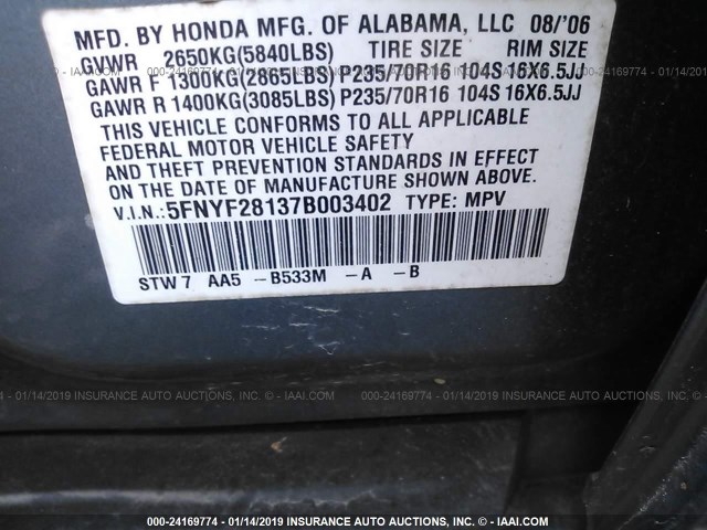 5FNYF28137B003402 - 2007 HONDA PILOT LX BLUE photo 9