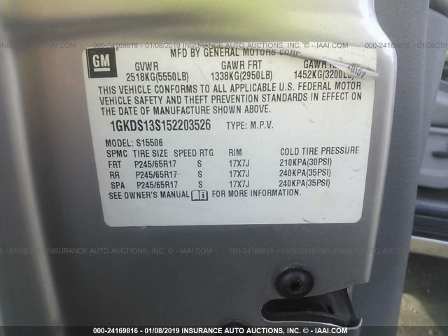 1GKDS13S152203526 - 2005 GMC ENVOY GRAY photo 9