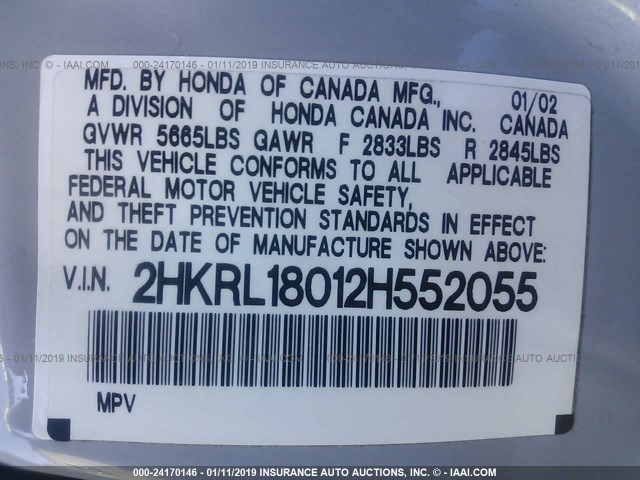 2HKRL18012H552055 - 2002 HONDA ODYSSEY EXL SILVER photo 9