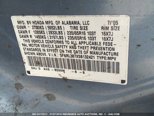 5FNRL387X5B132421 - 2005 HONDA ODYSSEY EXL Light Blue photo 9