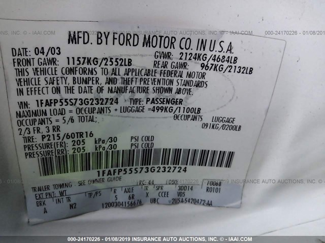 1FAFP55S73G232724 - 2003 FORD TAURUS SES WHITE photo 9