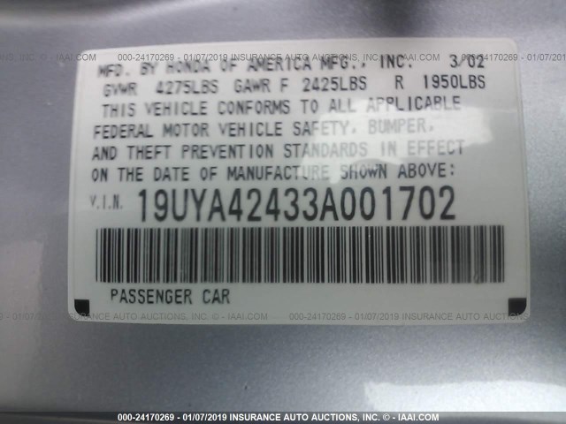 19UYA42433A001702 - 2003 ACURA 3.2CL SILVER photo 9