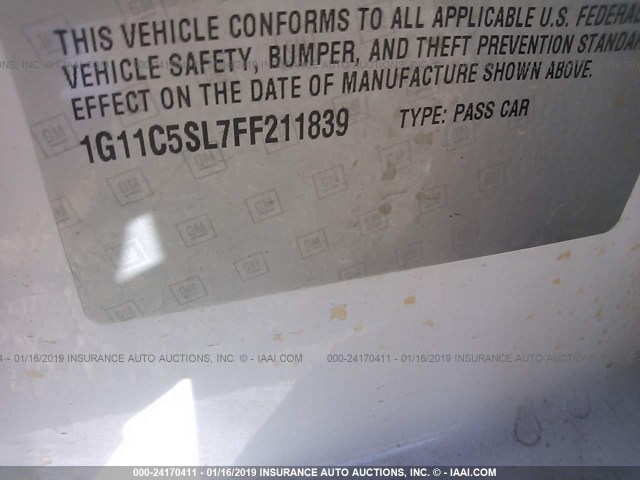 1G11C5SL7FF211839 - 2015 CHEVROLET MALIBU 1LT WHITE photo 9