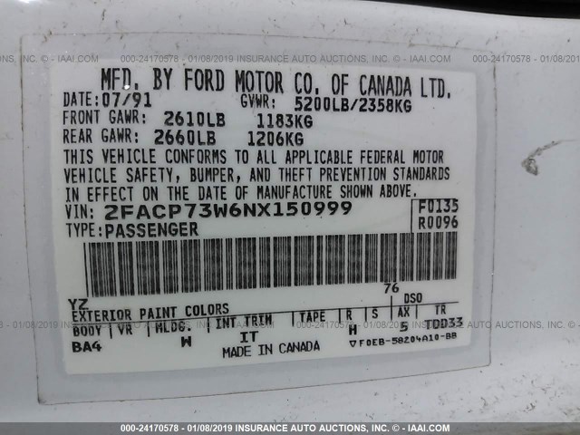 2FACP73W6NX150999 - 1992 FORD CROWN VICTORIA  WHITE photo 9