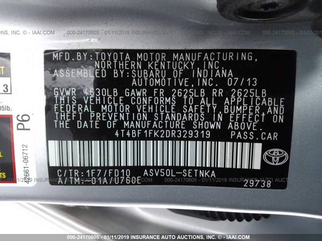 4T4BF1FK2DR329319 - 2013 TOYOTA CAMRY L/SE/LE/XLE 银色 照片 9