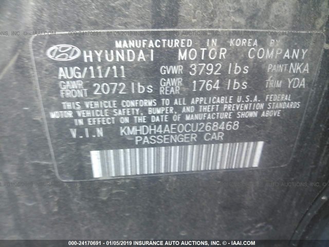 KMHDH4AE0CU268468 - 2012 HYUNDAI ELANTRA GLS/LIMITED BLACK photo 9