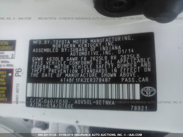 4T4BF1FK2ER378487 - 2014 TOYOTA CAMRY L/SE/LE/XLE Ağ foto 9