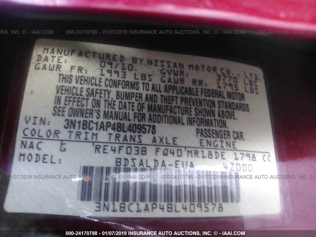 3N1BC1AP4BL409578 - 2011 NISSAN VERSA S/SL Rojo foto 9
