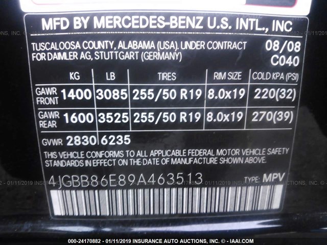 4JGBB86E89A463513 - 2009 MERCEDES-BENZ ML 350 BLACK photo 9