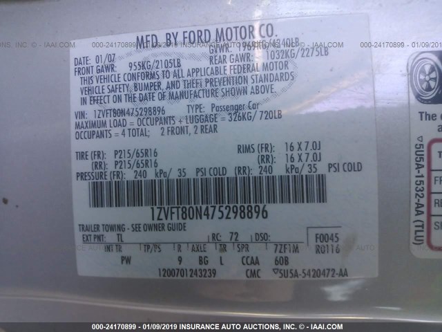 1ZVFT80N475298896 - 2007 FORD MUSTANG GRAY photo 9