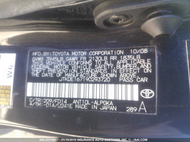 JTKDE167190293720 - 2009 TOYOTA SCION TC შავი ფოტო 9