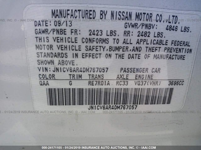 JN1CV6AR4DM767057 - 2013 INFINITI G37 WHITE photo 9