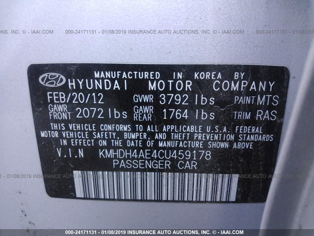 KMHDH4AE4CU459178 - 2012 HYUNDAI ELANTRA GLS/LIMITED SILVER photo 9