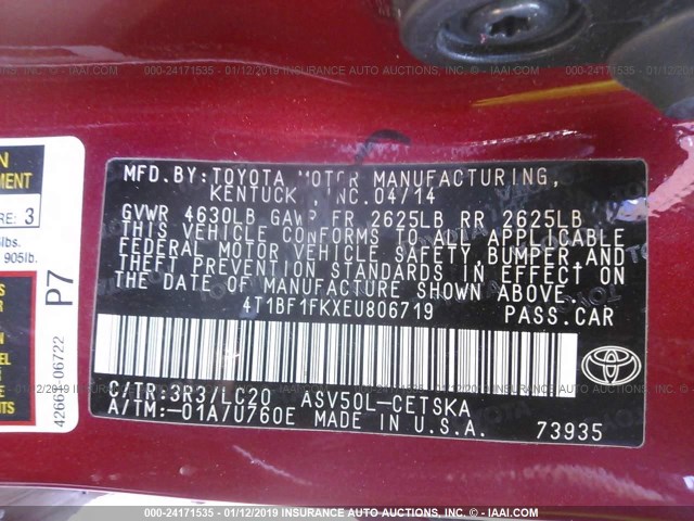 4T1BF1FKXEU806719 - 2014 TOYOTA CAMRY L/SE/LE/XLE 红色 照片 9