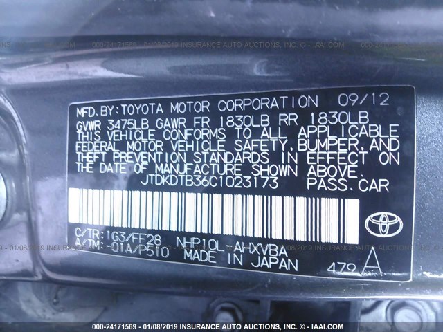 JTDKDTB36C1023173 - 2012 TOYOTA PRIUS C GRAY photo 9