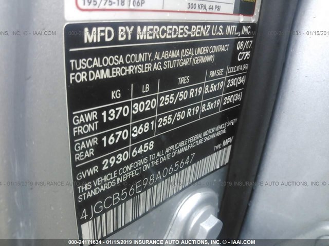 4JGCB56E98A065647 - 2008 MERCEDES-BENZ R 350 SILVER photo 9