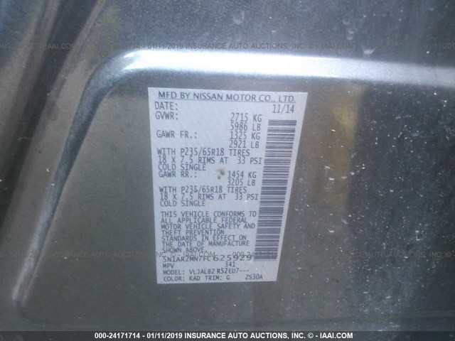 5N1AR2MN7FC625929 - 2015 NISSAN PATHFINDER S/SV/SL/PLATINUM GRAY photo 9