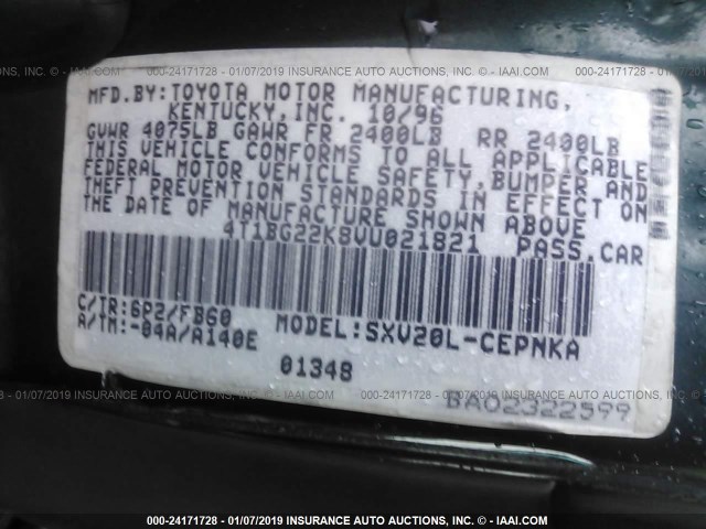 4T1BG22K8VU021821 - 1997 TOYOTA CAMRY CE/LE/XLE 绿色 照片 9