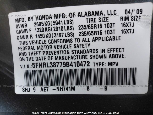 5FNRL38779B410472 - 2009 HONDA ODYSSEY EXL GRAY photo 9