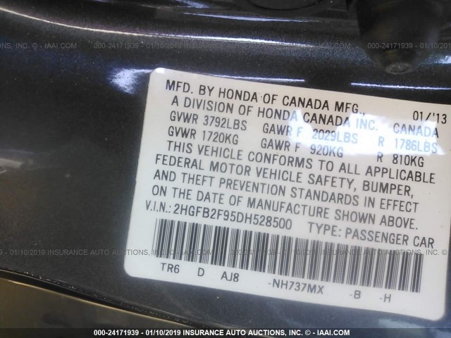 2HGFB2F95DH528500 - 2013 HONDA CIVIC EXL GRAY photo 9