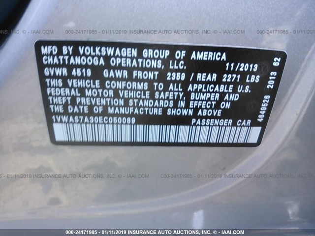 1VWAS7A30EC050089 - 2014 VOLKSWAGEN PASSAT S SILVER photo 9