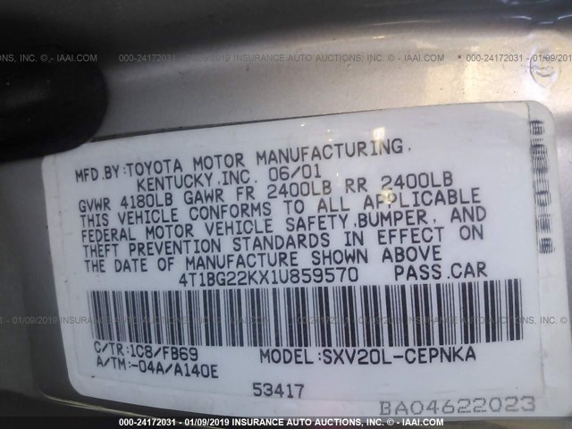 4T1BG22KX1U859570 - 2001 TOYOTA CAMRY CE/LE/XLE GRAY photo 9