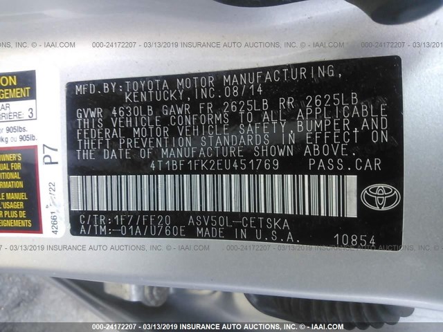 4T1BF1FK2EU451769 - 2014 TOYOTA CAMRY L/SE/LE/XLE Gümüş foto 9