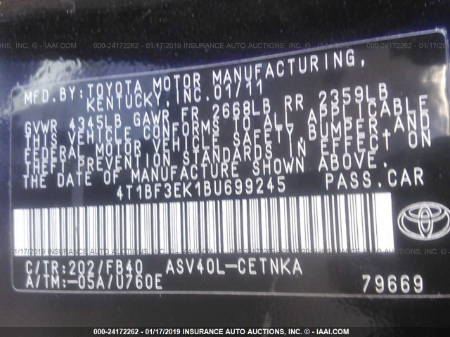 4T1BF3EK1BU699245 - 2011 TOYOTA CAMRY SE/LE/XLE BLACK photo 9