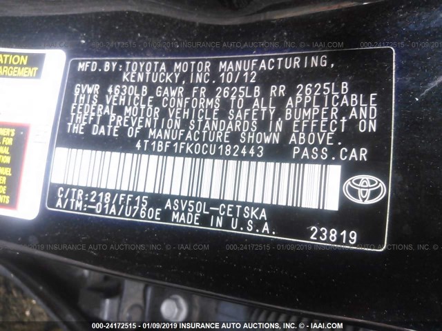 4T1BF1FK0CU182443 - 2012 TOYOTA CAMRY SE/LE/XLE BLACK photo 9