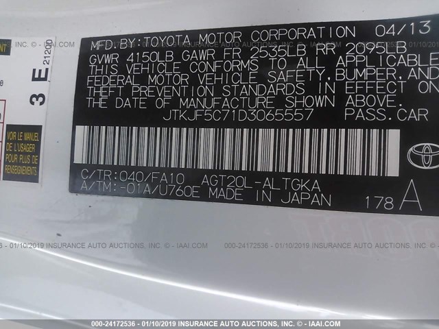 JTKJF5C71D3065557 - 2013 TOYOTA SCION TC 白色 照片 9