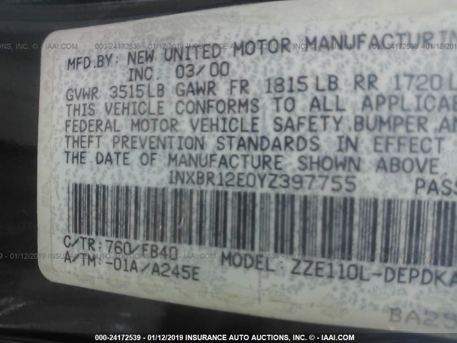 1NXBR12E0YZ397755 - 2000 TOYOTA COROLLA VE/CE/LE 蓝色 照片 9