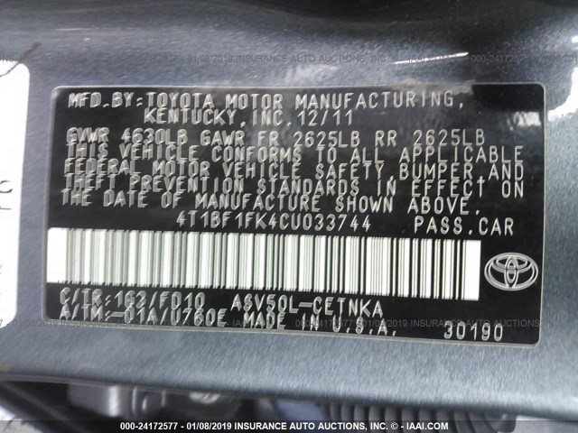4T1BF1FK4CU033744 - 2012 TOYOTA CAMRY SE/LE/XLE 黑色 照片 9