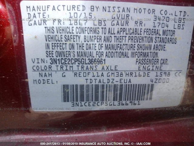 3N1CE2CP5GL366961 - 2016 NISSAN VERSA NOTE S/S PLUS/SV/SL/SR RED photo 9