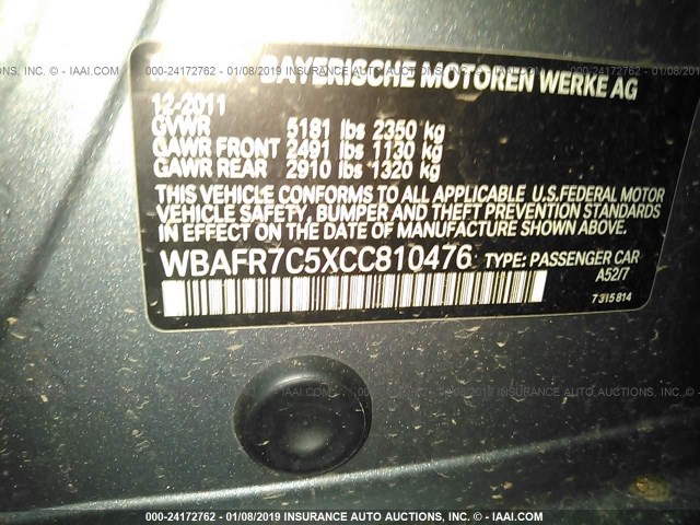 WBAFR7C5XCC810476 - 2012 BMW 535 I GRAY photo 9