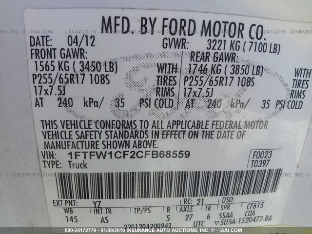 1FTFW1CF2CFB68559 - 2012 FORD F150 SUPERCREW WHITE photo 9